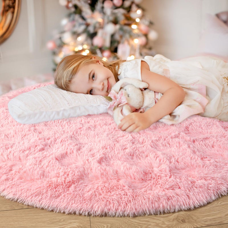junovo Pink Round Rug 4x4 Feet Fluffy Soft Area Rugs for Kids Girls Room Princess Castle Plush Shaggy Carpet Cute Circle Nursery Rug for Girls Bedroom Baby Home Decor Circular Carpet - Image 2